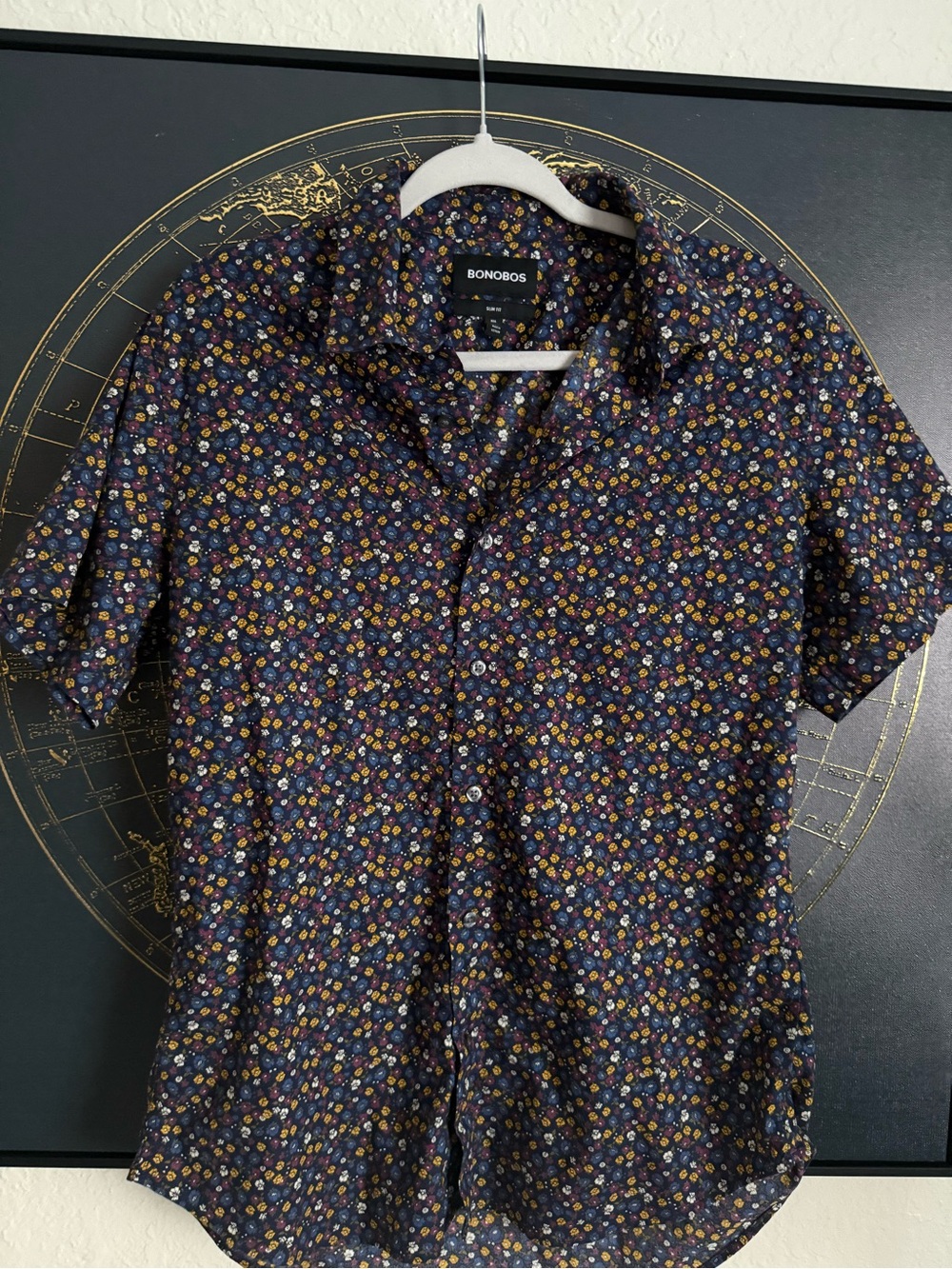 Bonobos Navy Short-Sleeve Button-Down with Yellow and Red Floral Print